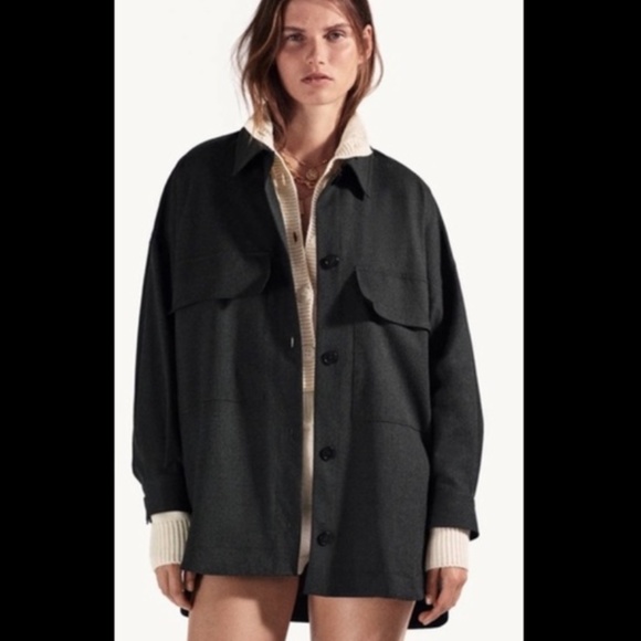 Zara Tops Zara Dark Grey Button Down Oversized Cargo Pocket Shirt